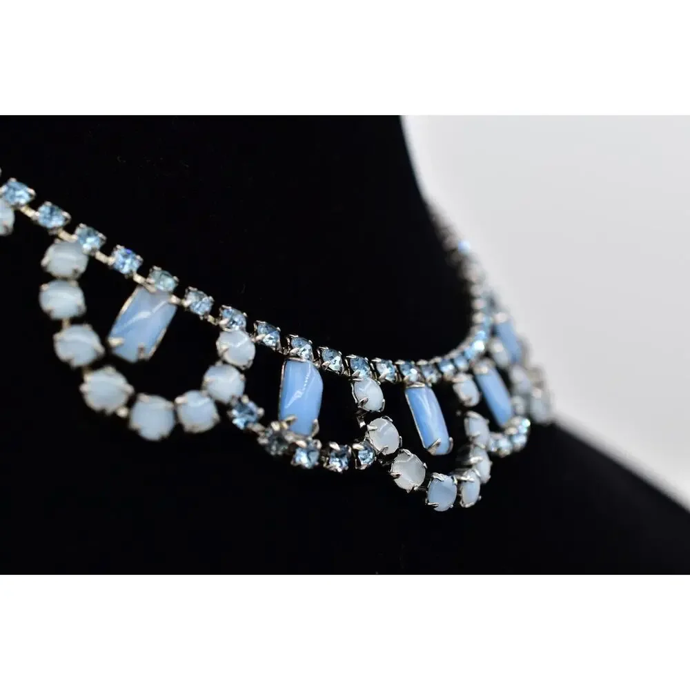 Vintage Crystal Collar Necklace Cabochon Blue Prong Rhinestone Silver 60s Bin3D